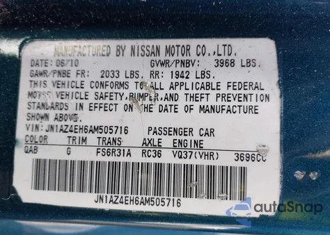 2010 Nissan 370Z z USA, uszkodzony, nr VIN JN1AZ4EH6AM505716